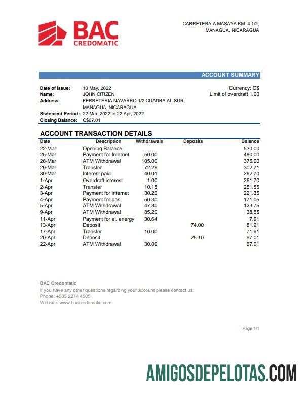 em branco Nicarágua BAC Credomatic Bank Statement Excel e modelo PDF